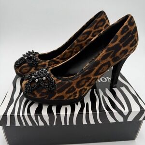Whittall & Shon Leopard‎ Coffee Beaded Bow Stiletto Pumps Heels Size 7.5